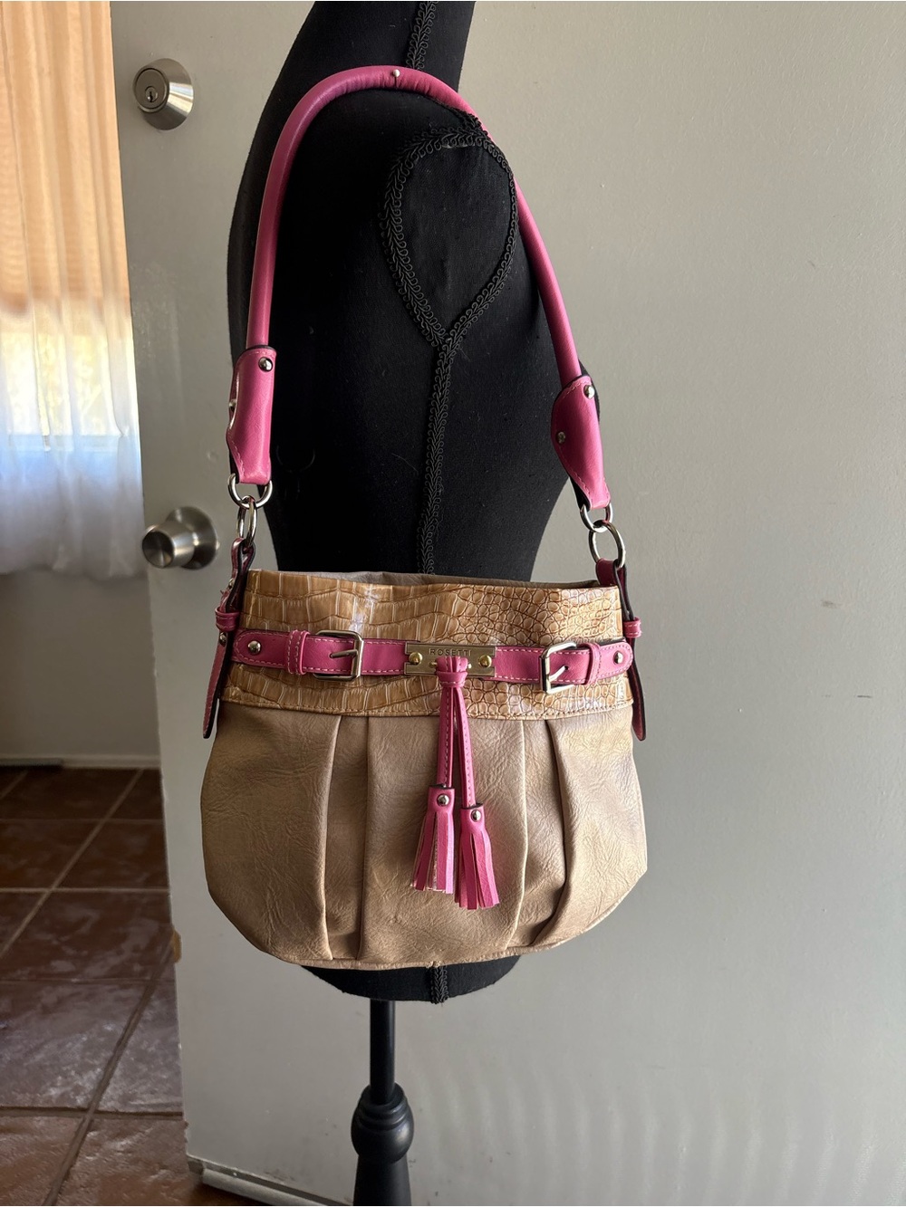 Rosetti Tan Shoulder Bag with Pink Accents and Tassels